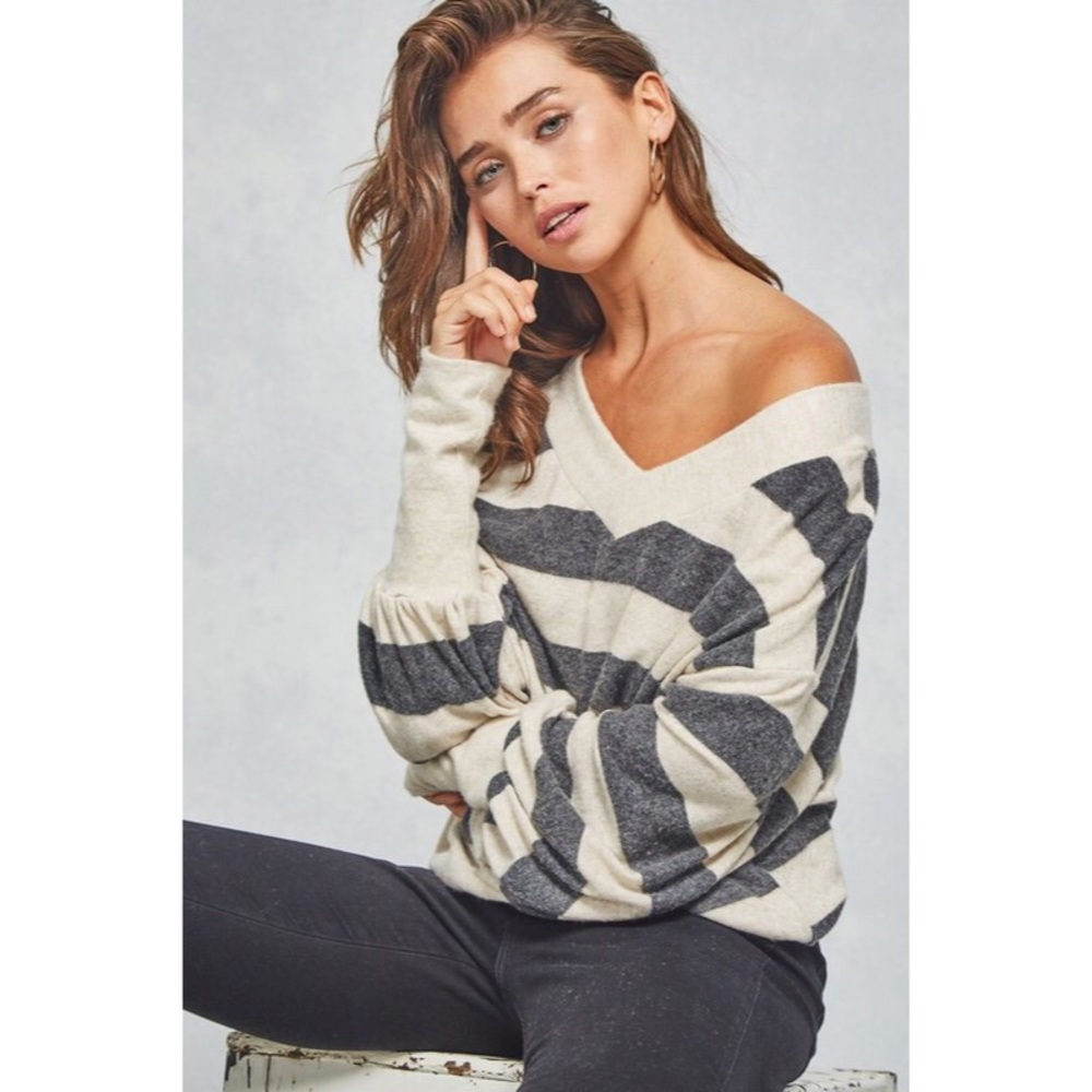 Alexa Brush Knit Stripe Top - Oatmeal/Charcoal - Picture 4 of 8